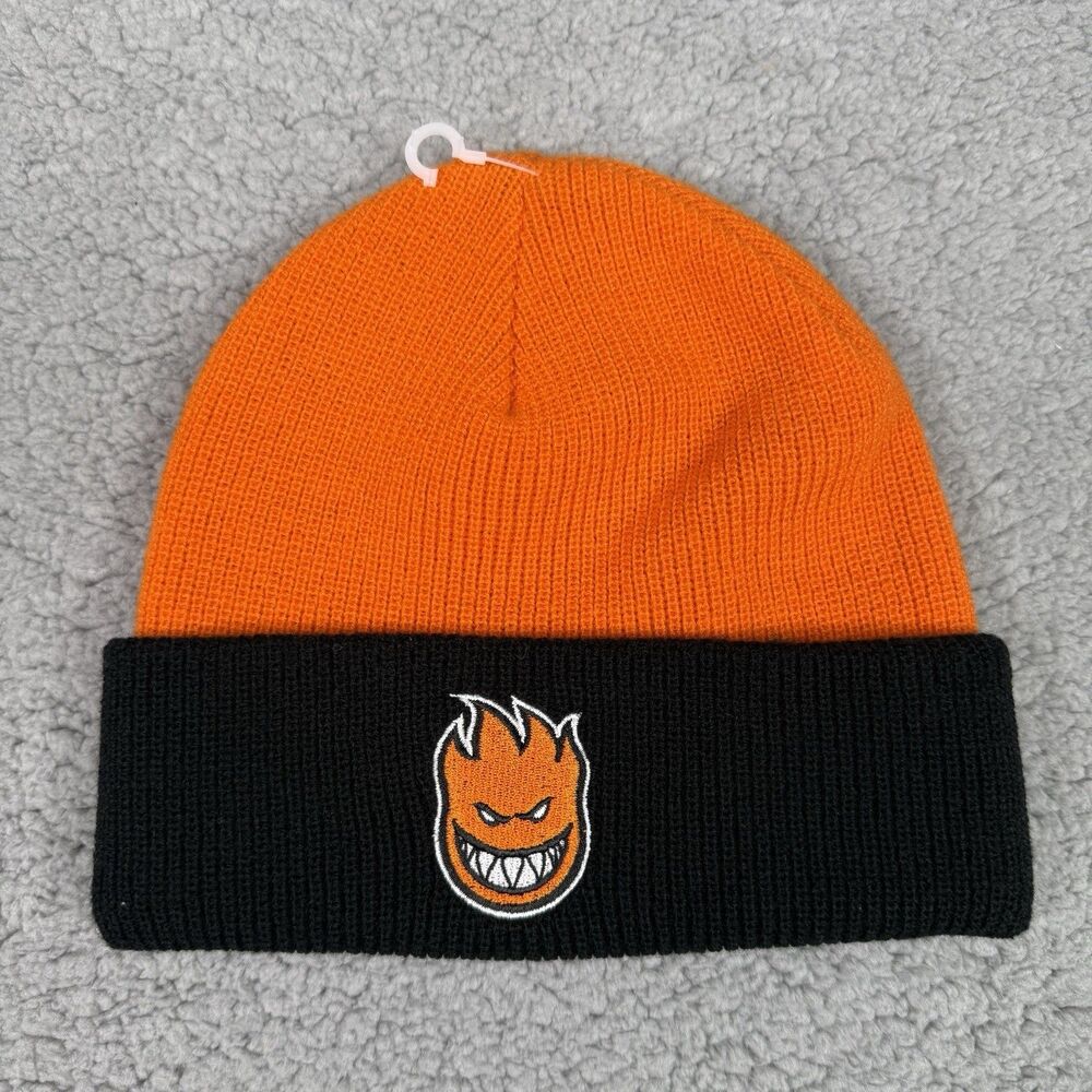 Spitfire Wheels Beanie Orange Black Big Head Cuff Knit Hat Cap Skater Y2K Retro